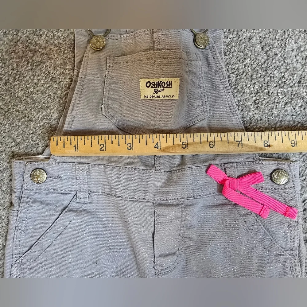 OshKosh B'Gosh Sparkly Grey Twill Pink Ribbon 24 Month Overalls